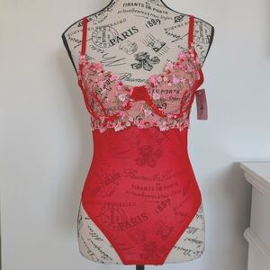 Red Floral Embroidered Lace Bodysuit